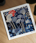 Vertical mushroom stems and bold red splotch in Red and Blue Art composition