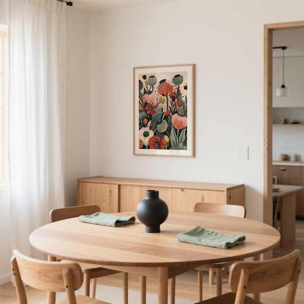 Quadro astratto con stampa floreale, con centri punteggiati e tonalità neutre delicate