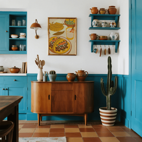 Poster della cucina messicana con colori arancione e beige, stampa artistica per sala da pranzo