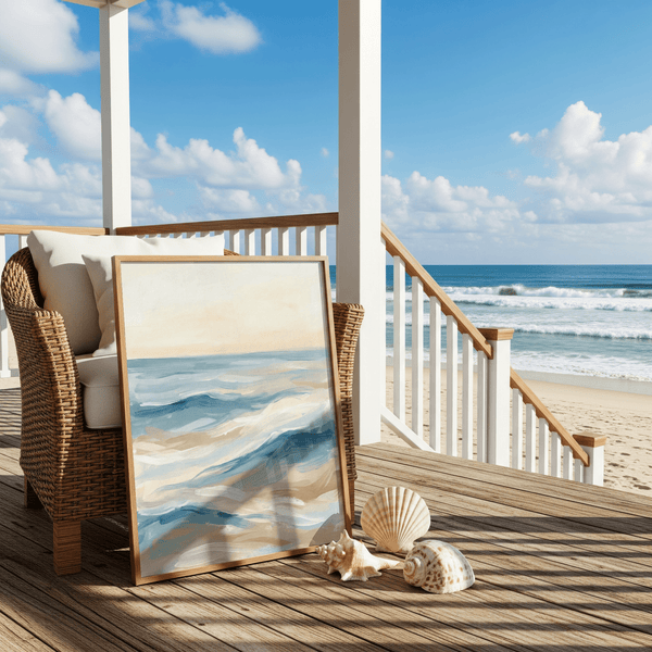 Ocean Wave Art Print in blue, white, and beige for relaxing bathroom art print