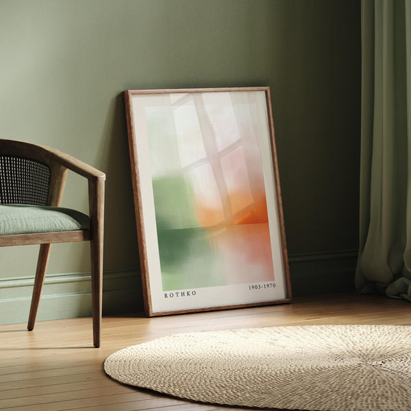 Peaceful wall art with abstract blocks in pastel orange and green.