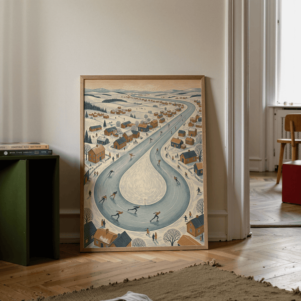 Stampa raffigurante una scena invernale con un fiume blu e un villaggio innevato, ideale per le pareti degli uffici.