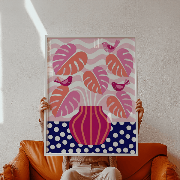 Moderna decorazione murale con piante tropicali caratterizzata da foglie tropicali rosa e pois blu, perfetta per decorare le pareti della cucina.