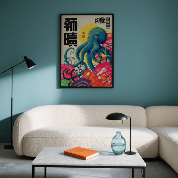 Una vivace stampa artistica raffigurante un polipo colorato, nei colori rosso e nero, perfetta come decorazione da parete.