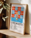 Stampa artistica Cuba Mojito nei toni vivaci del rosso, blu e agrumi.