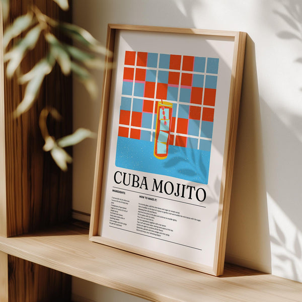 Stampa artistica Cuba Mojito nei toni vivaci del rosso, blu e agrumi.