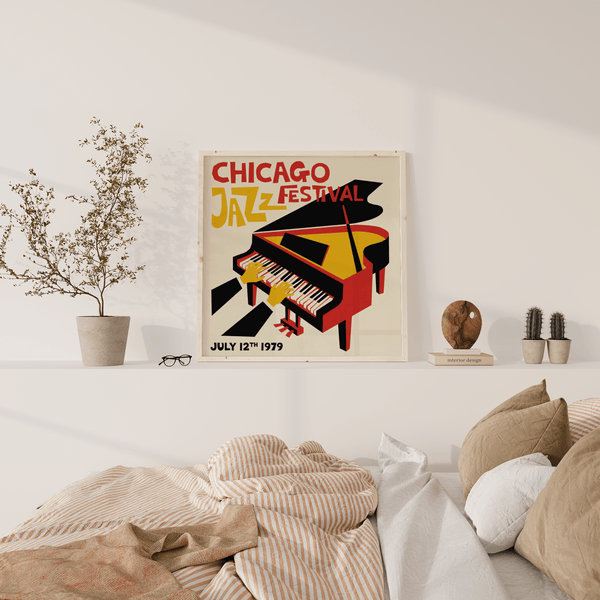 Poster Jazz Festival decorativo in giallo, rosso e nero, adatto come decorazione murale per il corridoio.