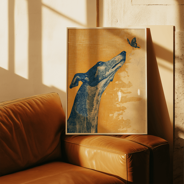 Quadro da parete Greyhound raffigurante un cane e una farfalla per camera da letto su tela