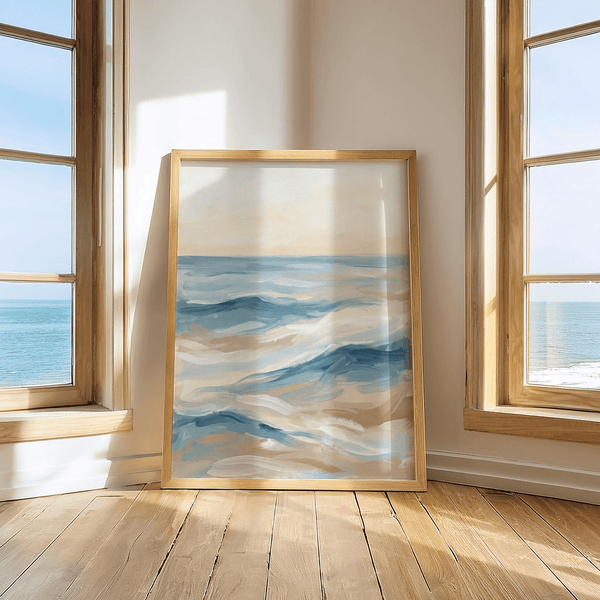 Ocean Wave Art Print in soft blue, white, and beige for dining room poster