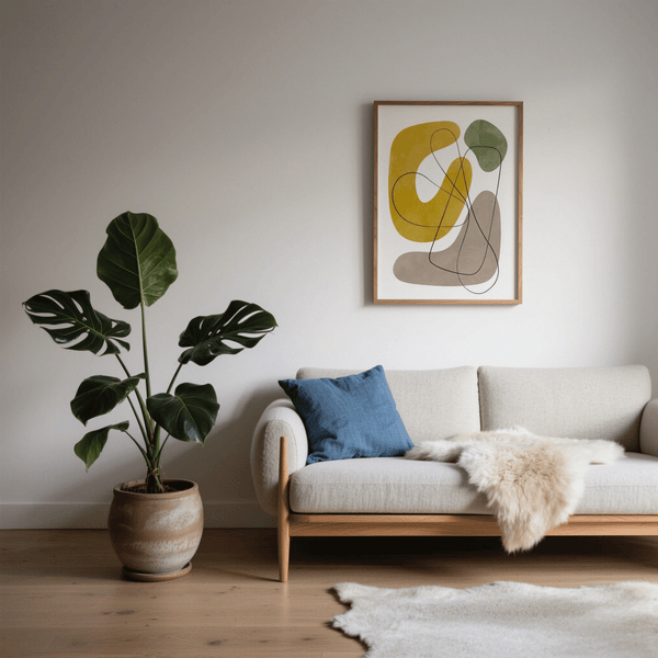 Stampa minimalista astratta su parete in beige e marrone per spazi abitativi moderni