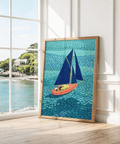 Poster colorato con barca a vela, blu, rosa e verde, per decorare in modo creativo il tuo studio