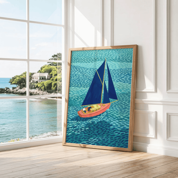 Poster colorato con barca a vela, blu, rosa e verde, per decorare in modo creativo il tuo studio