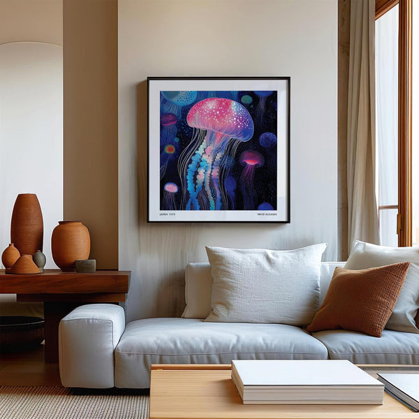 Magica stampa artistica con meduse in colori pastello e rosa per spazi eleganti