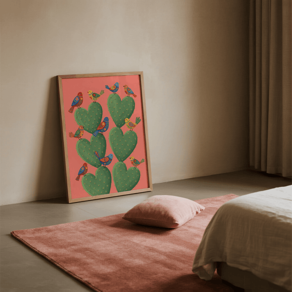 Poster decorativo con cactus a forma di cuore per corridoio, colori principali rosa e verde
