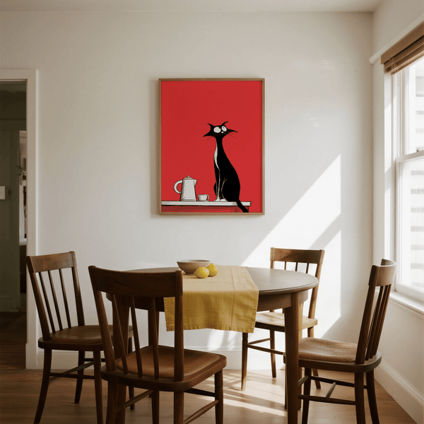 Fantasiosa decorazione da parete con gatto in nero, rosso e bianco per un poster giocoso da camera da letto