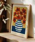Vase Art Poster with red flowers, blue accents, and beige tones for hallway