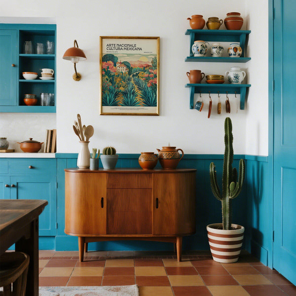 Piante di agave e fiori del deserto in una stampa artistica raffigurante un paesaggio messicano.