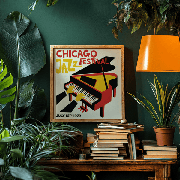 Poster Jazz Festival per decorare le pareti dell'ufficio domestico con una palette di colori giallo, rosso e nero