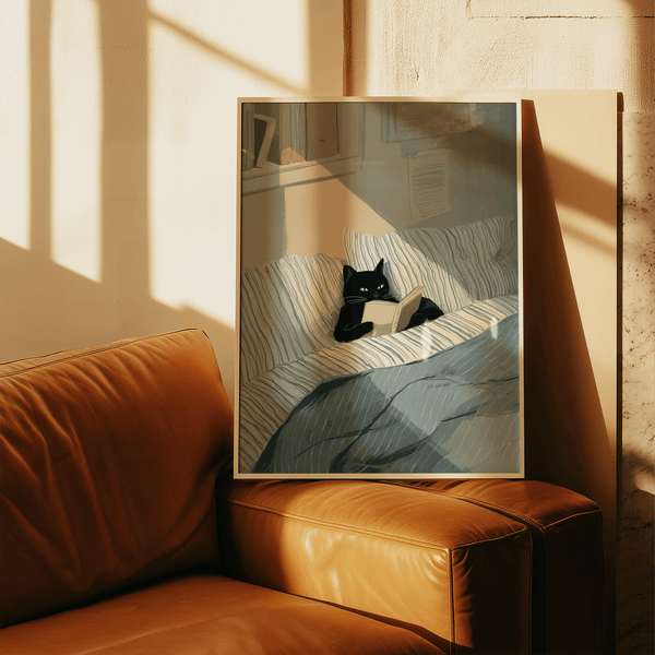 quadro con gatto che legge un libro in blu e beige, stampa artistica da parete per corridoio