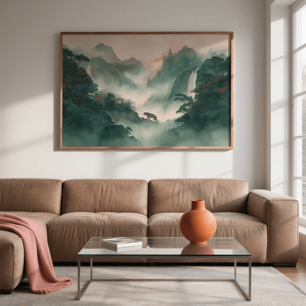 Moderna stampa artistica da parete con Tiger Landscape Wall Art, verde e rosa nella stanza dei giochi