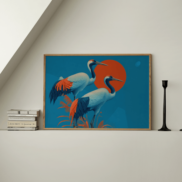 Opera d'arte con gru in arancione e blu, ideale come poster per l'ingresso