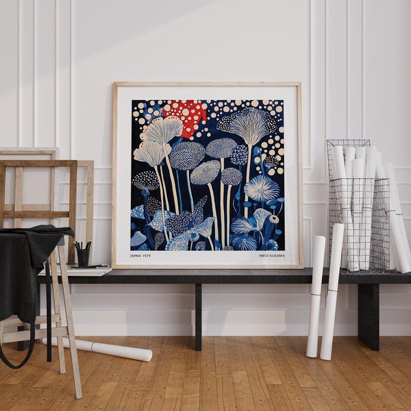 Red and Blue Art featuring stylized fungi and circular dot patterns