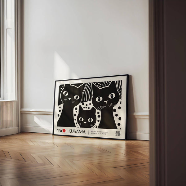 Quadro artistico di alta qualità raffigurante un gatto nero con intricati motivi a pois
