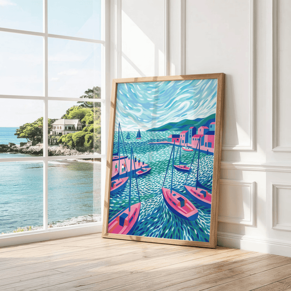 Arte da parete con barche a vela contemporanee, stampa blu e verde per il salotto