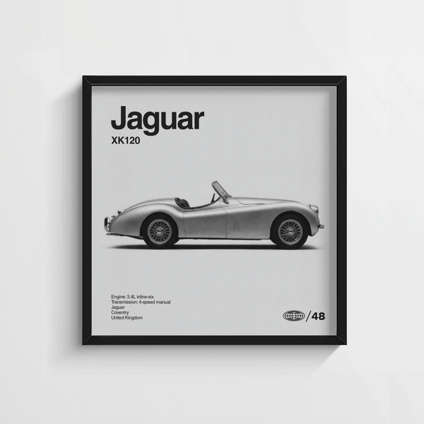 Stampa artistica Jaguar XK120 come decorazione murale unica in bianco e nero per il corridoio