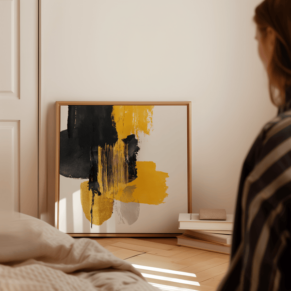 Splendida grafica astratta in giallo e nero per decorare le pareti dell'ufficio domestico