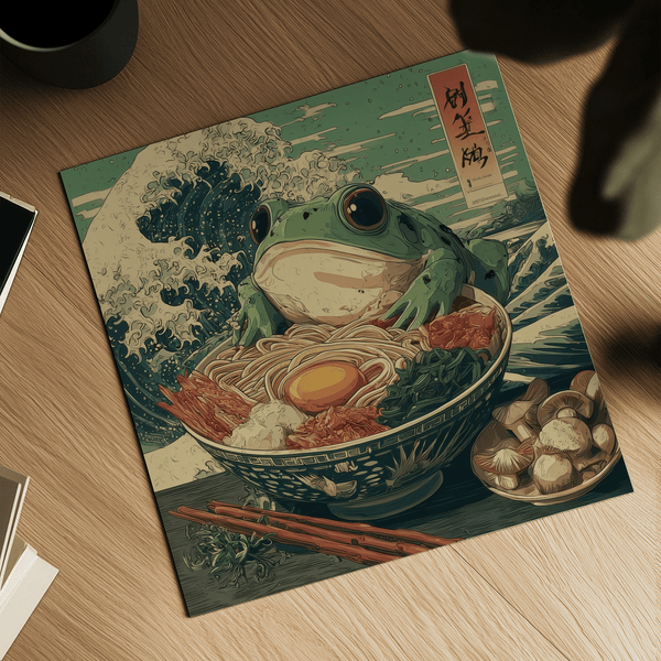 Poster artistico Frog Ramen, perfetto per decorare le pareti della cucina con i colori verde e blu
