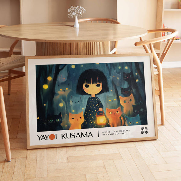 Luce di lanterna che illumina gatti in una scena di poster con ragazza anime