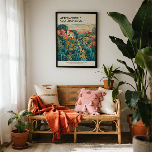 Scena botanica desertica con piante e tramonto in Messico. Stampa artistica.