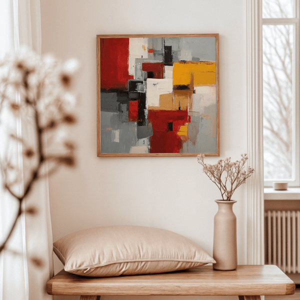 Textured Colorful Abstract Poster Art in yellow, red, gray for nursery spaces