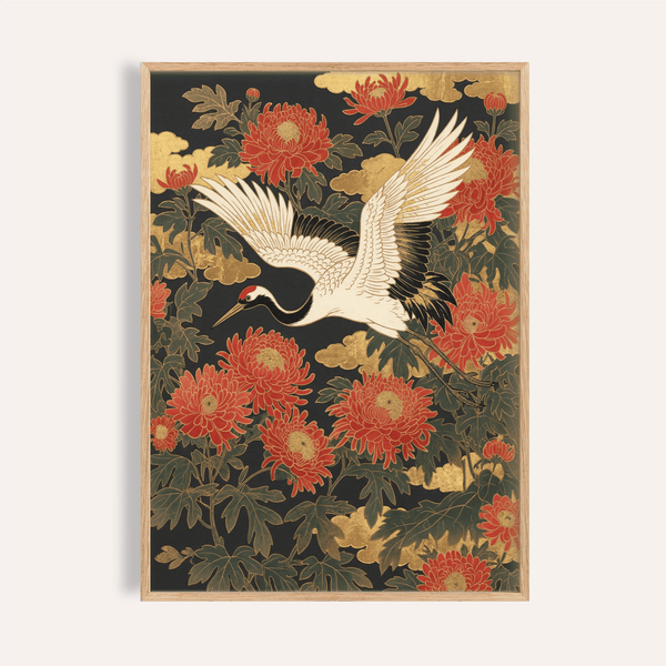 Crane Floral Art Print, decorazione da parete con colori rosso, verde e beige per il soggiorno