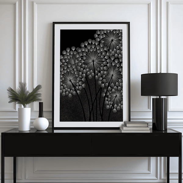 Elegante decorazione da parete con denti di leone in bianco e nero per l'ingresso