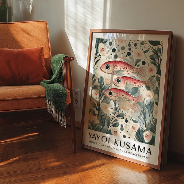 Trio of fish in Fish Artwork Prints format with circular dot accents.