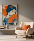 Stampa artistica giapponese Retro Geisha con arancione e beige nella camera da letto
