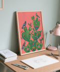 Moderna stampa artistica colorata con cactus nei toni del rosa e del verde per l'ufficio