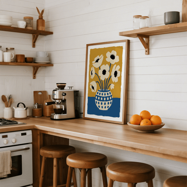 Stampa artistica floreale con fiori beige e vaso blu, decorazione per camera da letto