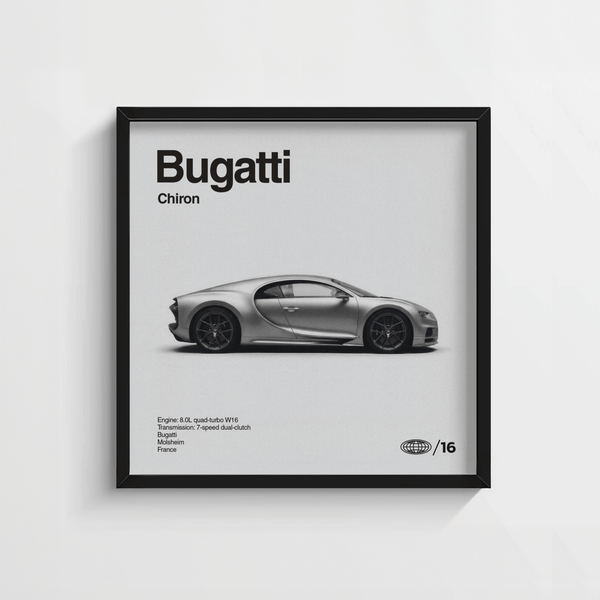 Stampa artistica Bugatti Chiron nera in stile contemporaneo per decorare le pareti dello studio