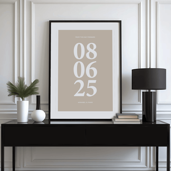 Personalized Anniversary Gift date print in neutral Beige for master bedroom wall