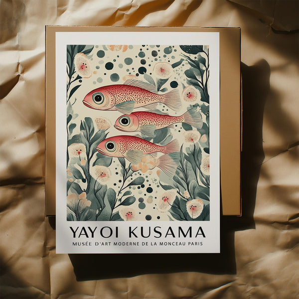 Decorative Fish Artwork Prints with floating fish and abstract plants.
