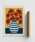 Vase Art Poster featuring yellow background and white striped blue vase for kitchen