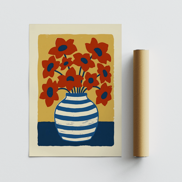 Vase Art Poster featuring yellow background and white striped blue vase for kitchen
