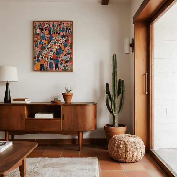 Colorata decorazione da parete Fiesta con sfondo rosa, ideale come poster per decorare la cucina