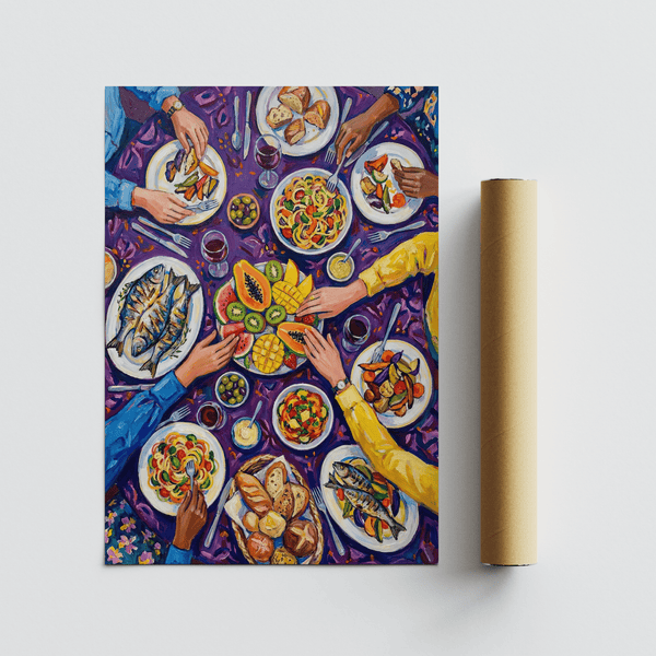 Colorful Dining Poster displaying Multicolored meal scene for home decor