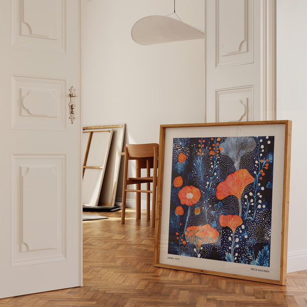 Abstract Flower Art inspired by Kusama, blending organic lines with dot patterns.