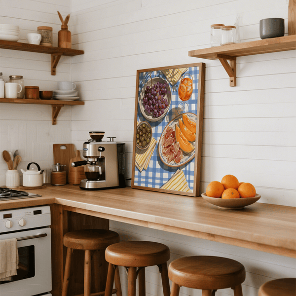 Picnic Decor Wall Art featuring blue tablecloth for dining room poster