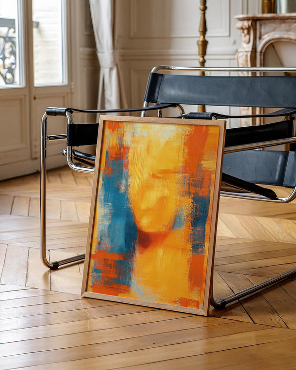 Abstract artwork with blue and orange shades creating a soft, emotive facial outline.
